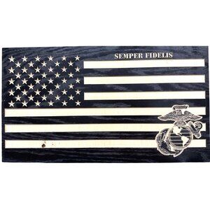 Handcrafted Wooden American Flag With Semper Fidelis‎ Engraving & USMC Emblem